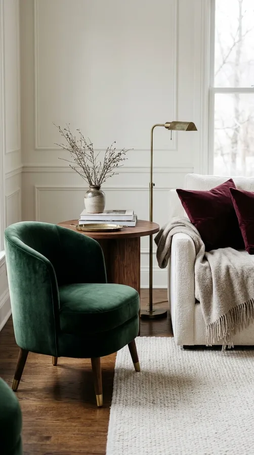 Forest green velvet seating and burgundy cushions add rich texture to a classic winter home.