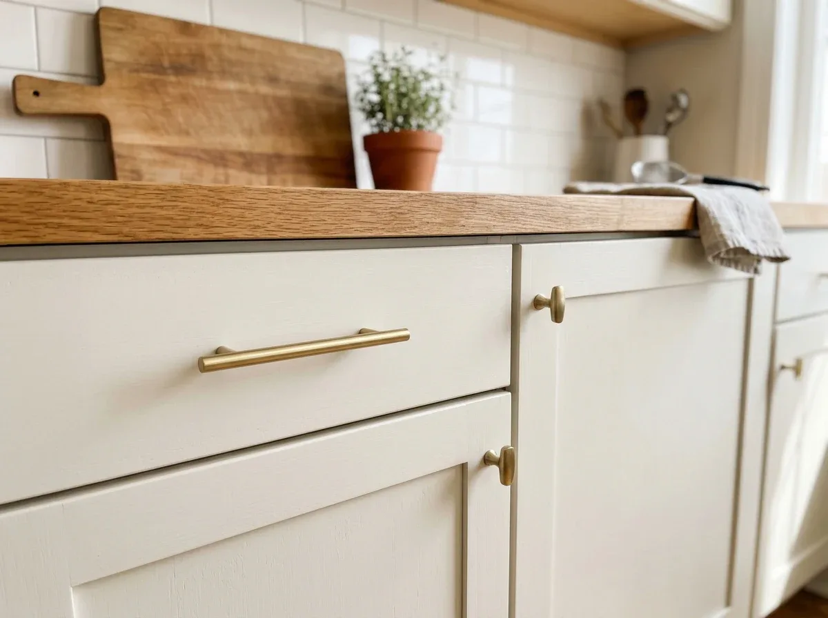 Kitchen cabinets upgraded with simple coordinated brushed brass knobs and drawer pulls.