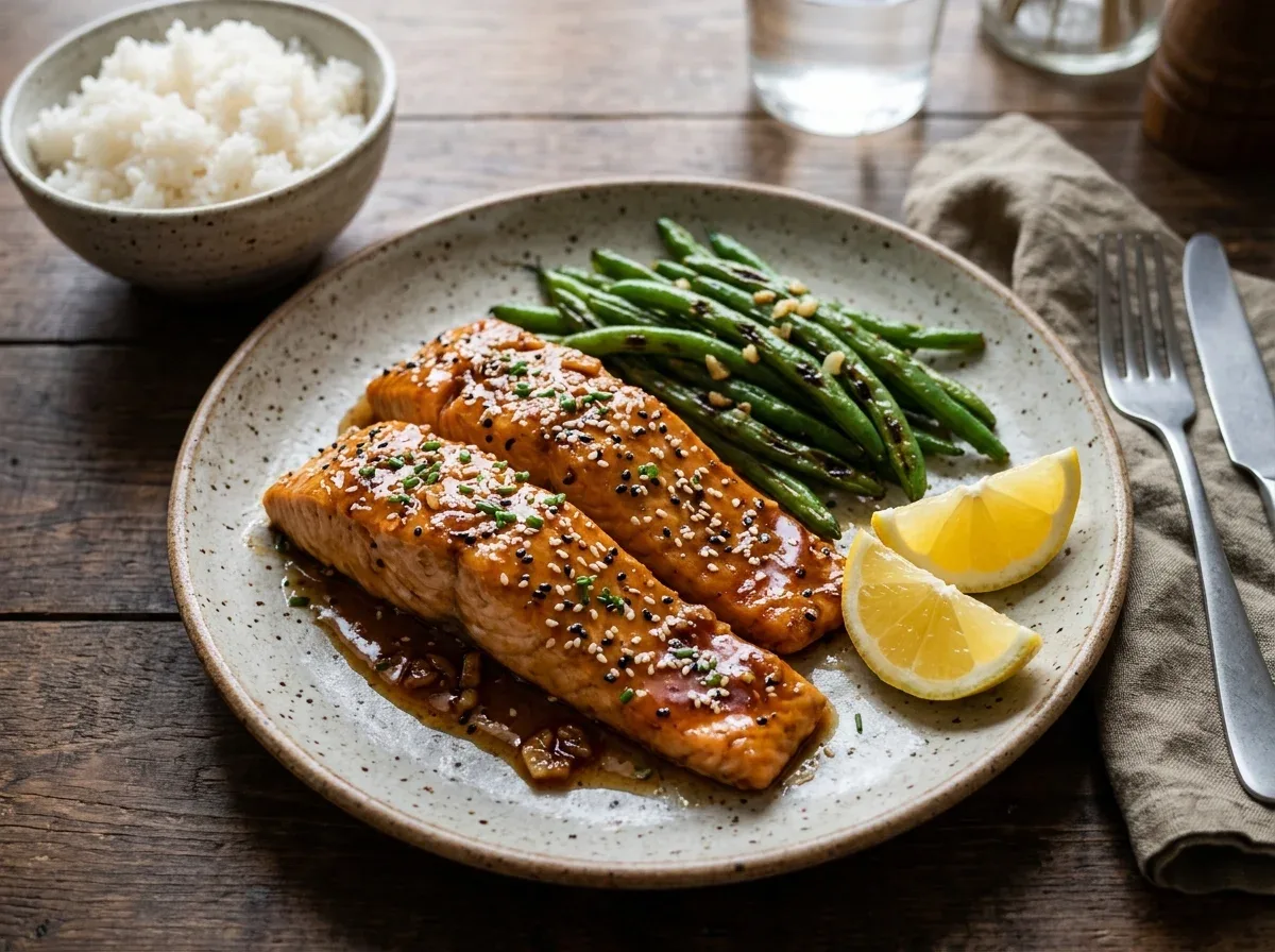 Honey garlic salmon with lemon, sesame seeds, green beans, and rice for a quick dinner.