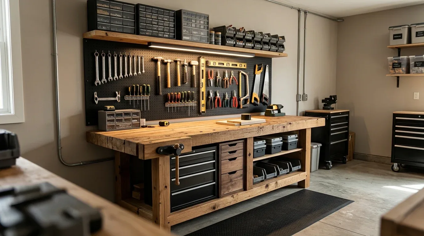 Garage workshop with a wood workbench, organized tools, drawers, and task lighting.