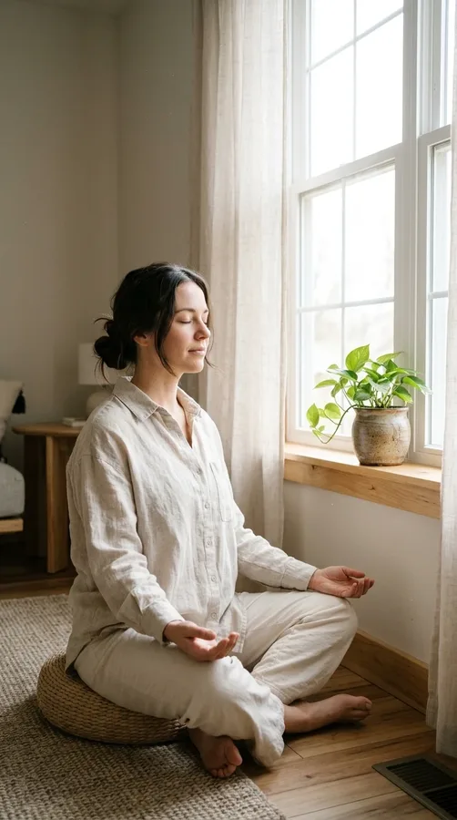 Woman practicing mindful breathing near a window as a simple daily stress-management habit.