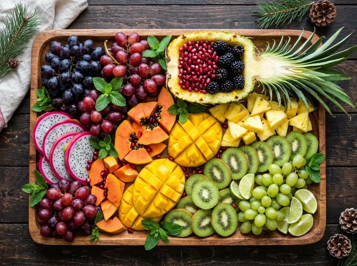 Tropical winter party fruit platter with pineapple, mango, kiwi, papaya, grapes, and dragon fruit.