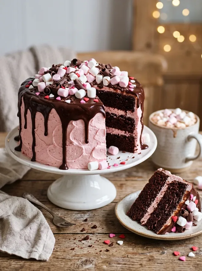 Snowy white coconut cake decorated with pink hearts and fresh raspberries.