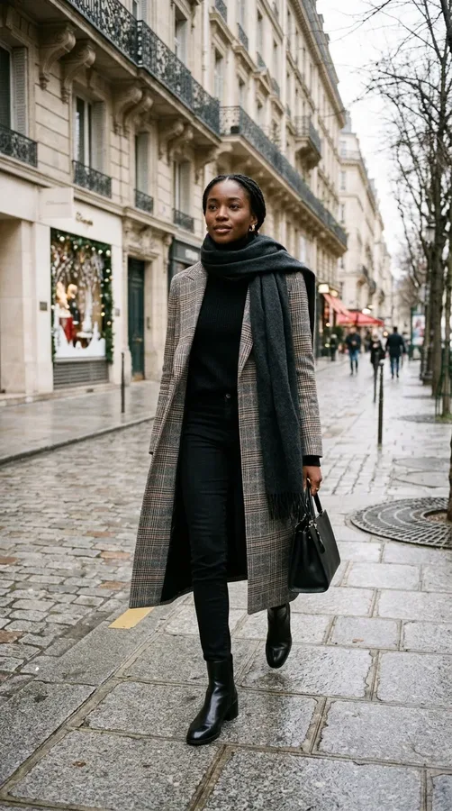 Black woman wearing a plaid wool coat, black jeans, ankle boots, and a leather handbag.
