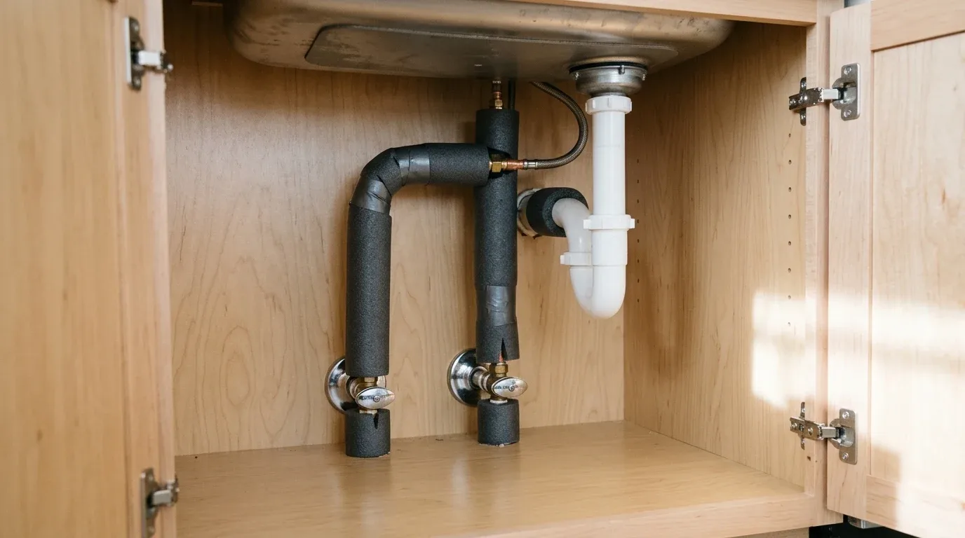 Insulated plumbing pipes and shutoff valves protecting a home from winter leaks