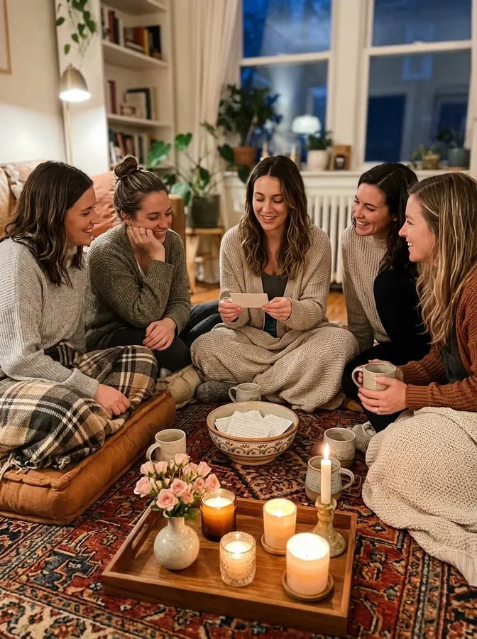 Friends sharing favorite memories during a heartfelt Galentine's party game.