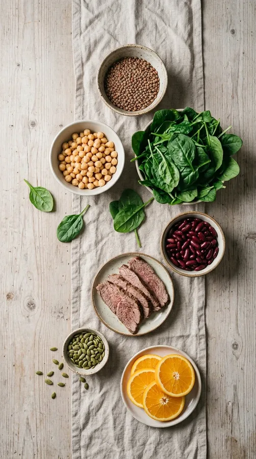 Iron-rich foods including lentils, spinach, beans, pumpkin seeds, and oranges.