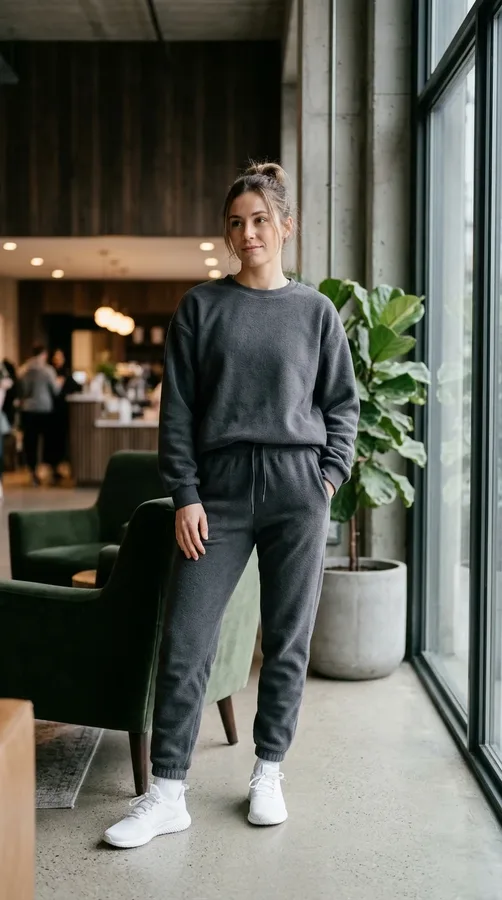 A matching charcoal fleece sweatshirt and joggers offer cozy comfort for winter training.