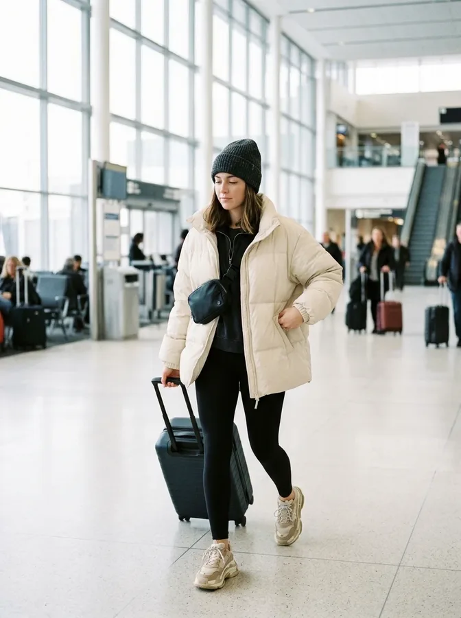 Cream puffer jacket, black leggings, chunky sneakers, and beanie for a warm winter airport look.