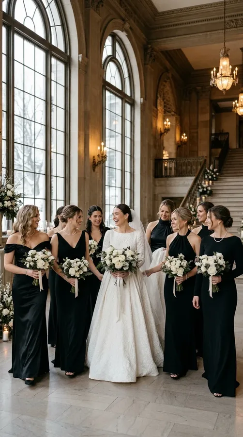 Black bridesmaid gowns styled with ivory bouquets for a formal winter wedding.