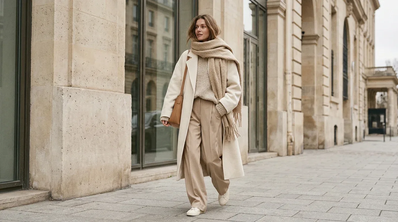Monochrome winter outfit featuring an oatmeal sweater, beige trousers, and a cream wool coat.