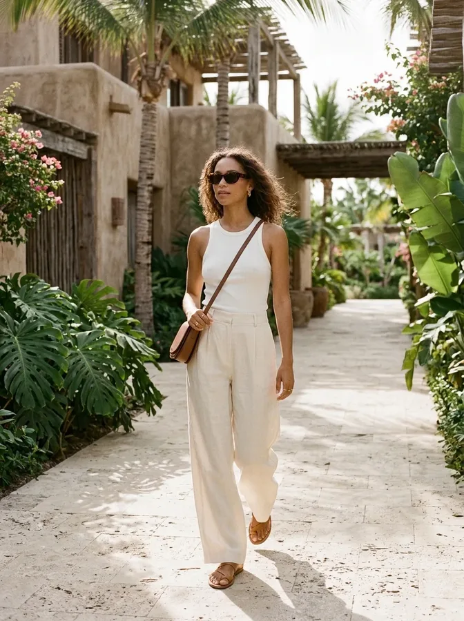 Cream wide-leg trousers and a fitted tank for comfortable vacation sightseeing.