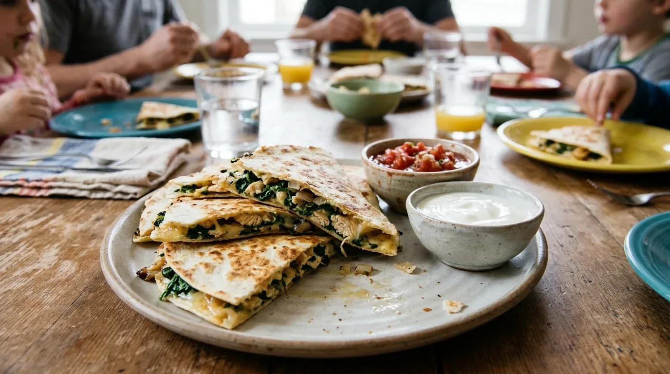 Golden chicken quesadilla wedges with melted cheese and vegetable filling.