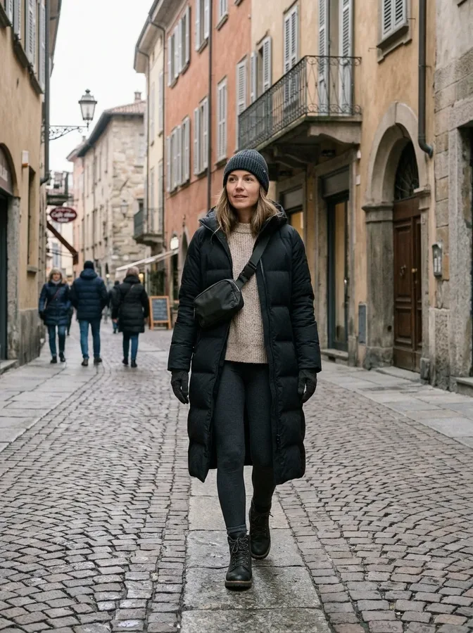Long black puffer coat, fitted leggings, walking boots, and warm accessories for cold Italian winter days.