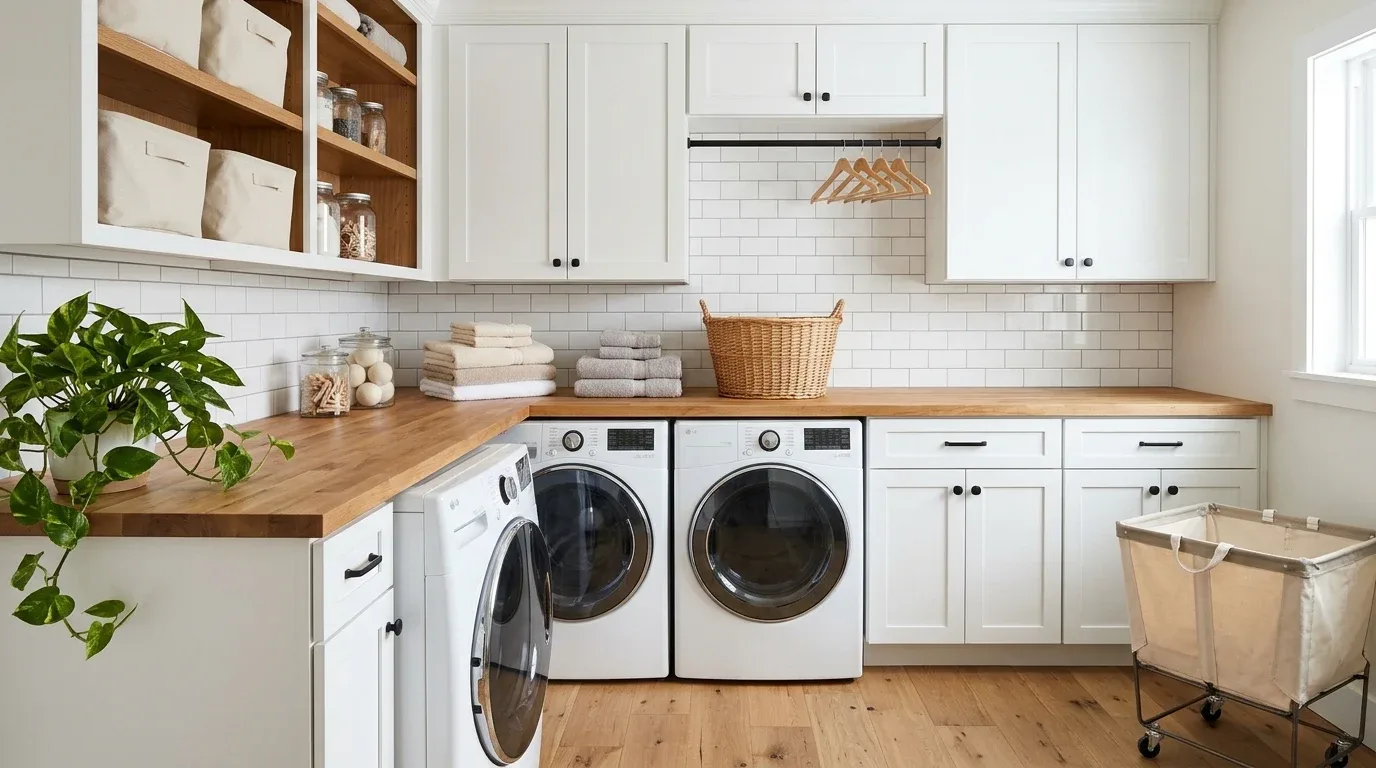 Spacious folding station above front-loading washer and dryer in a farmhouse laundry room.