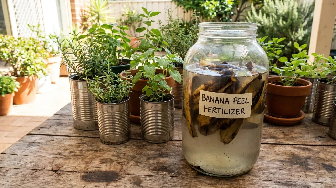 Vigorous houseplant beside banana peel water