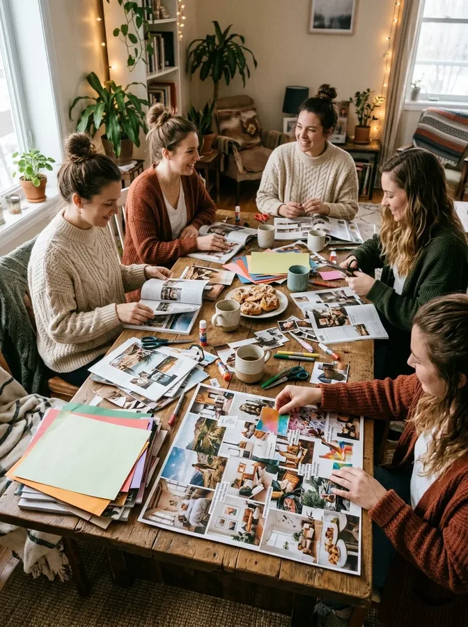 Friends creating personal vision boards with magazine cutouts, photographs, and craft supplies.