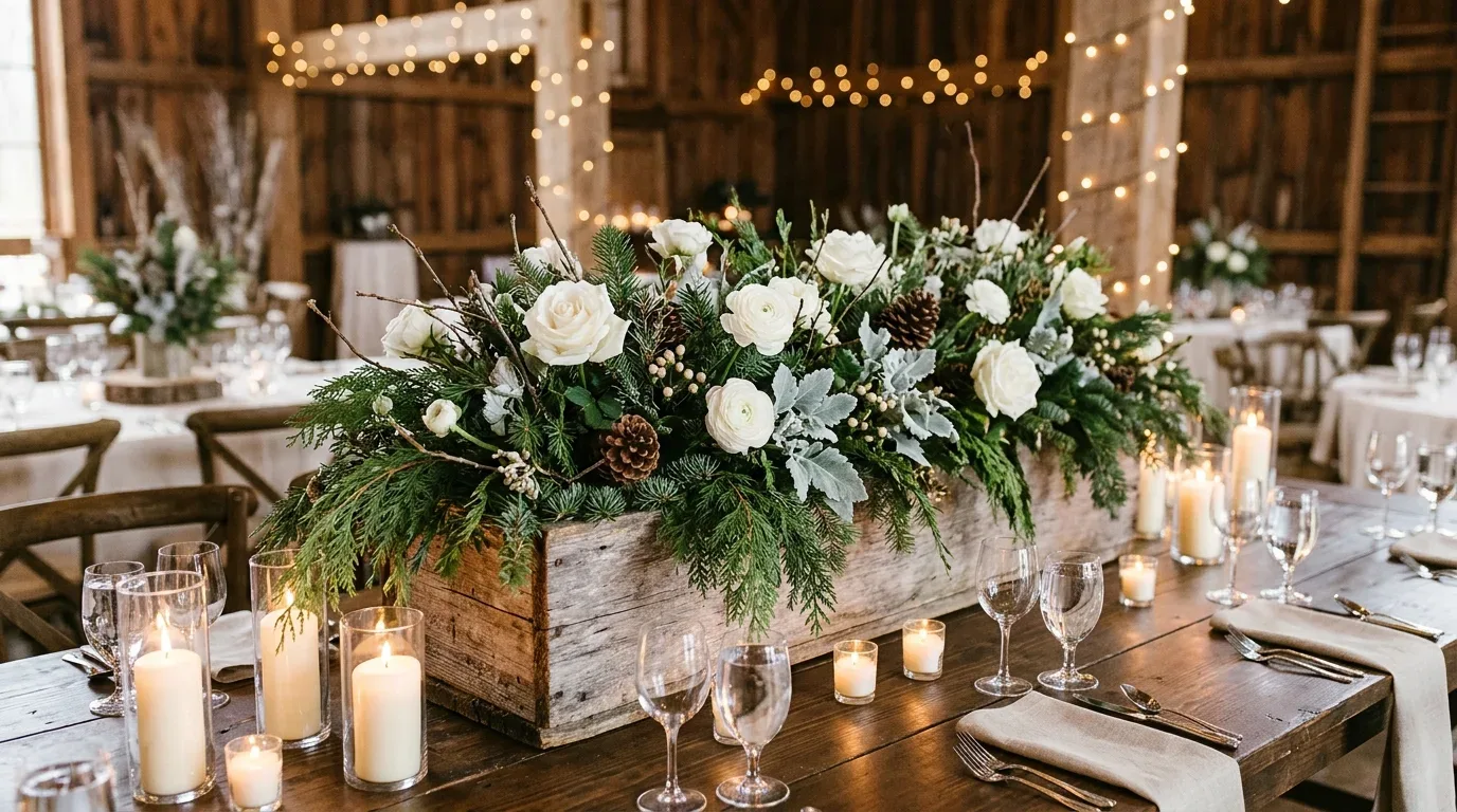 Rustic wooden planter centerpiece with evergreen branches and white winter wedding flowers.