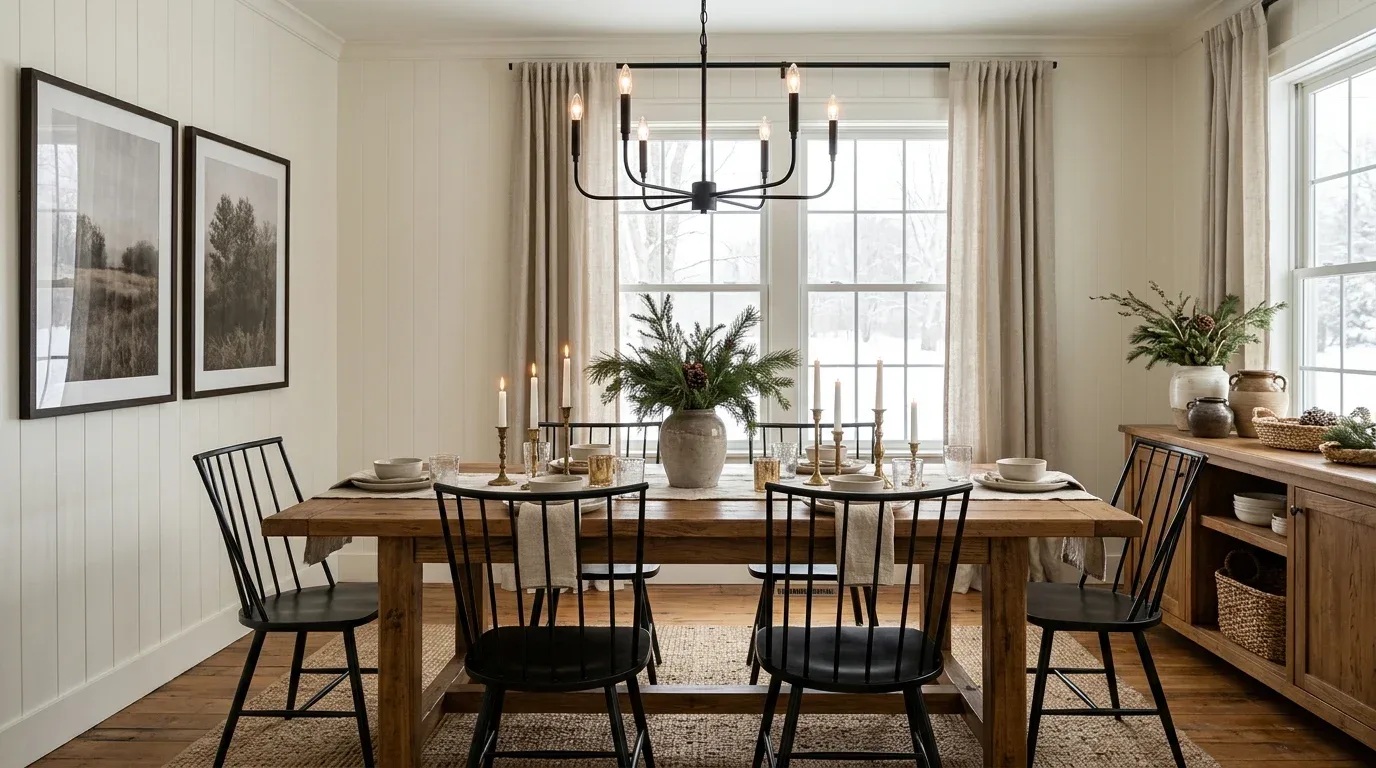 Modern farmhouse dining room balancing black metal accents with warm oak and creamy neutral finishes.