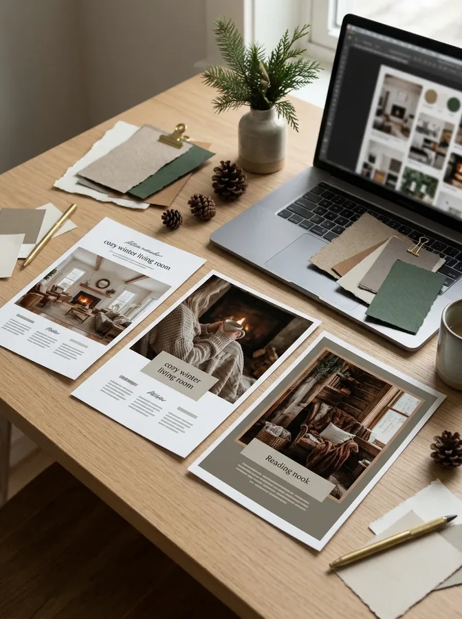 Three different visual pin designs created for one winter home decor article
