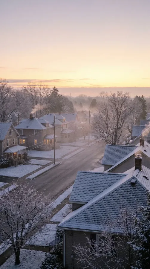 A gentle golden sunrise spreading across snow-covered rooftops and frosted trees.