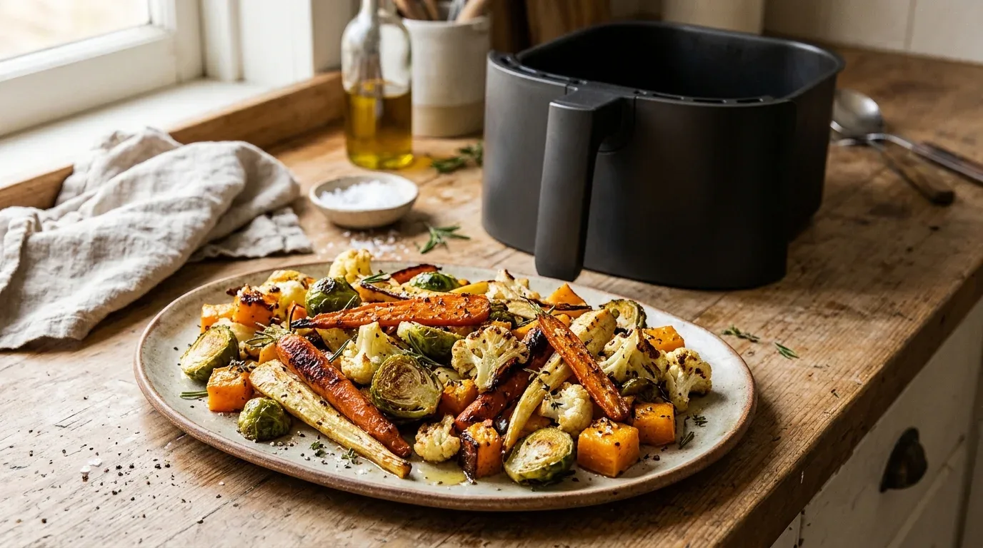 A platter of colorful air-fried winter vegetables with golden roasted edges.