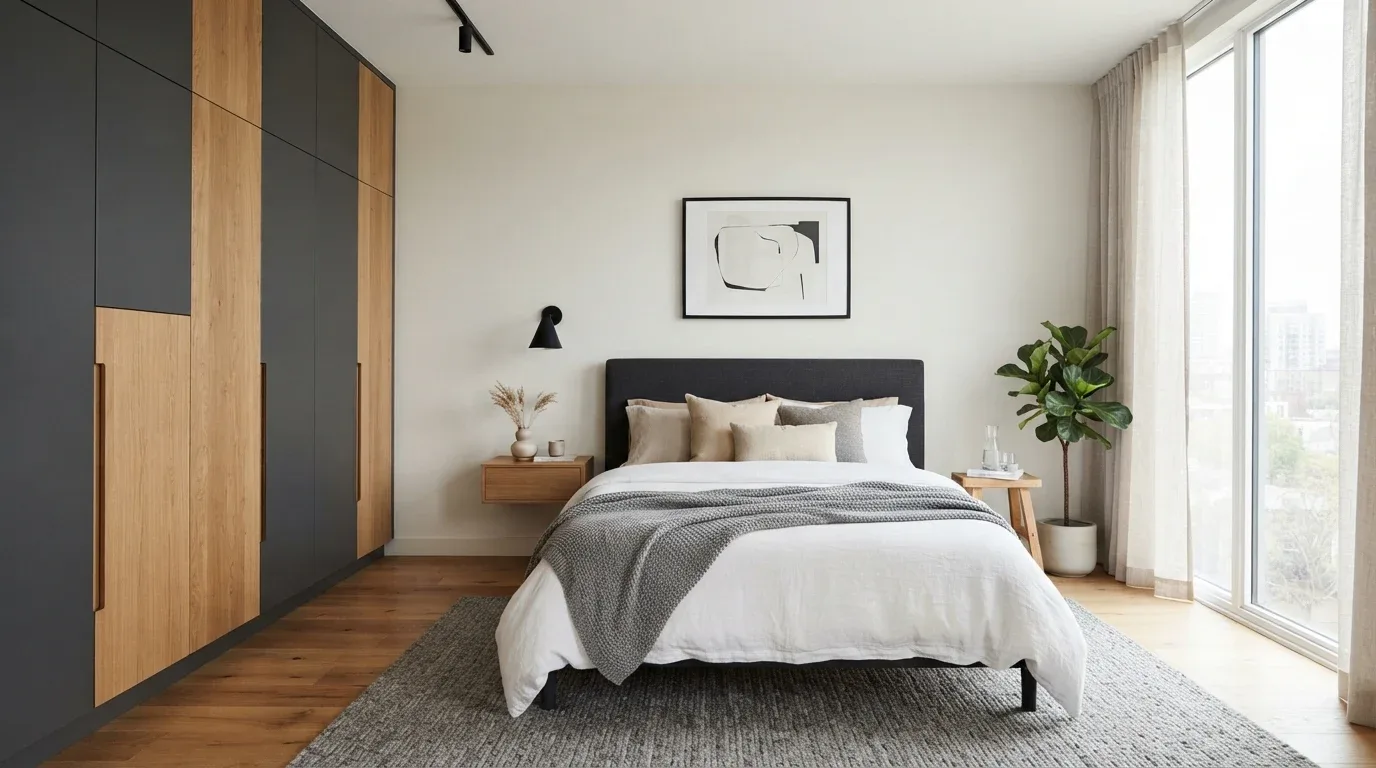 Charcoal grey and oak wardrobe combining modern contrast with natural warmth