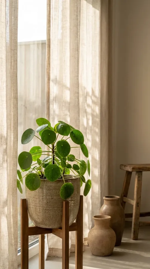Chinese money plant receiving bright indirect light beside a window.