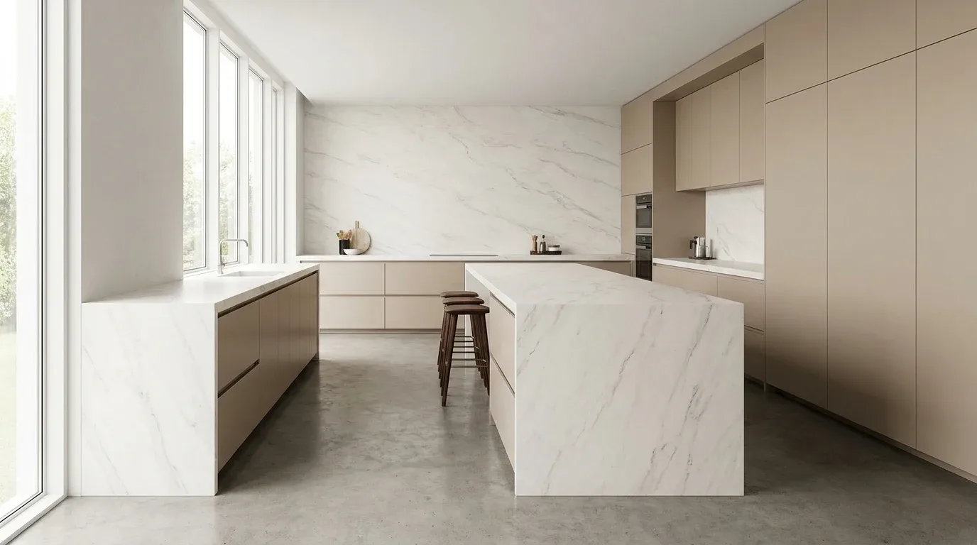 Large-format porcelain slab countertop and matching backsplash in a modern kitchen.
