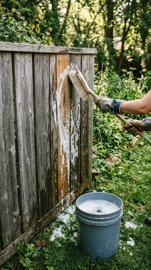 Using a suitable commercial wood cleaner and soft brush to clean a backyard fence.
