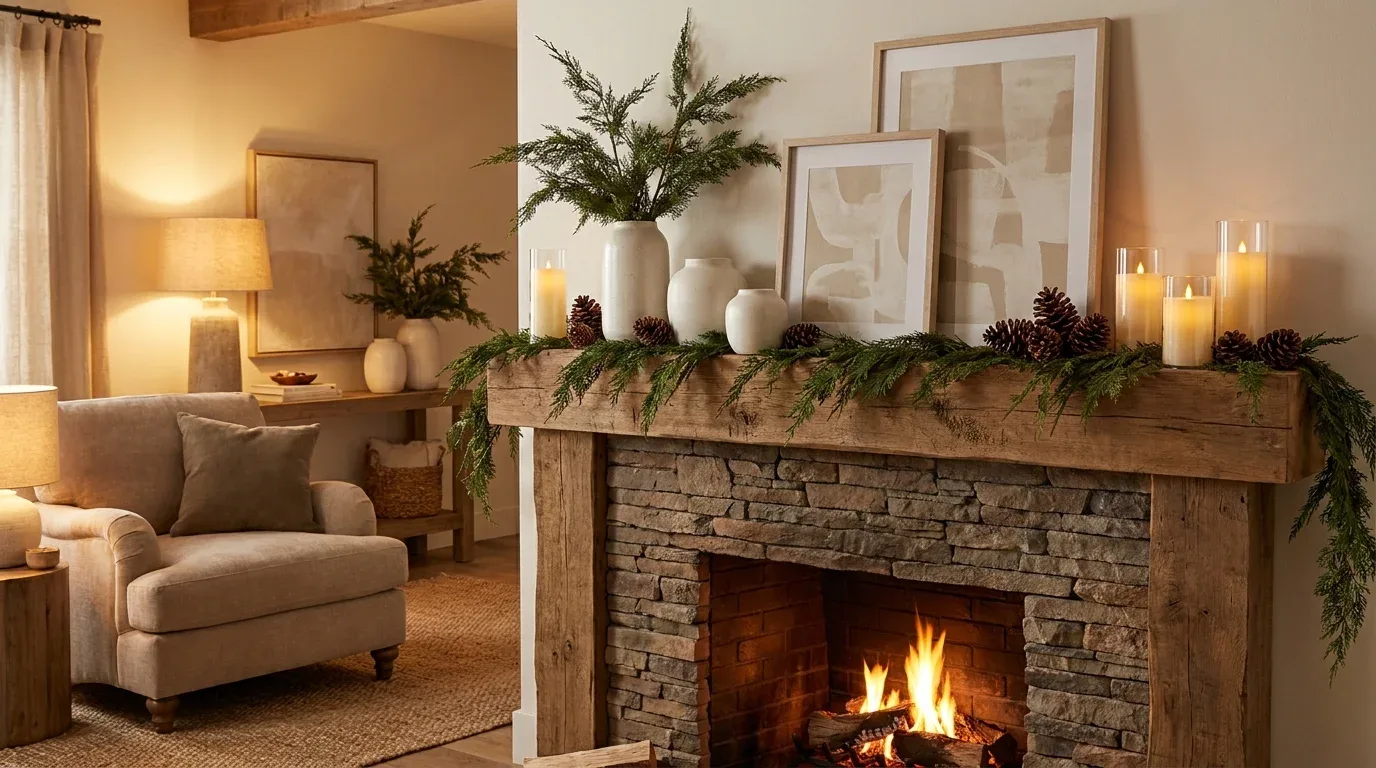 Winter fireplace mantel with evergreen greenery, ceramic vases, and warm seasonal accents.