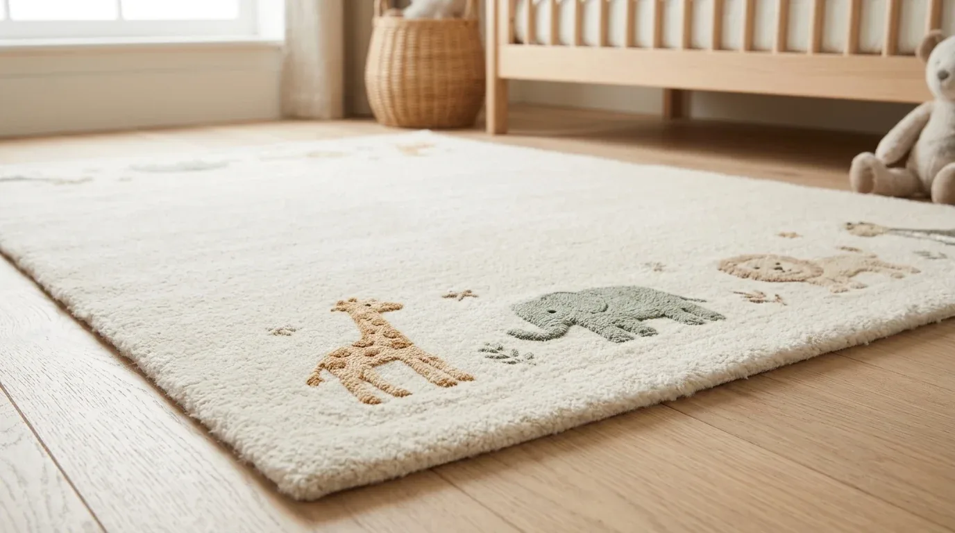 Soft cream safari nursery rug with understated animal illustrations.