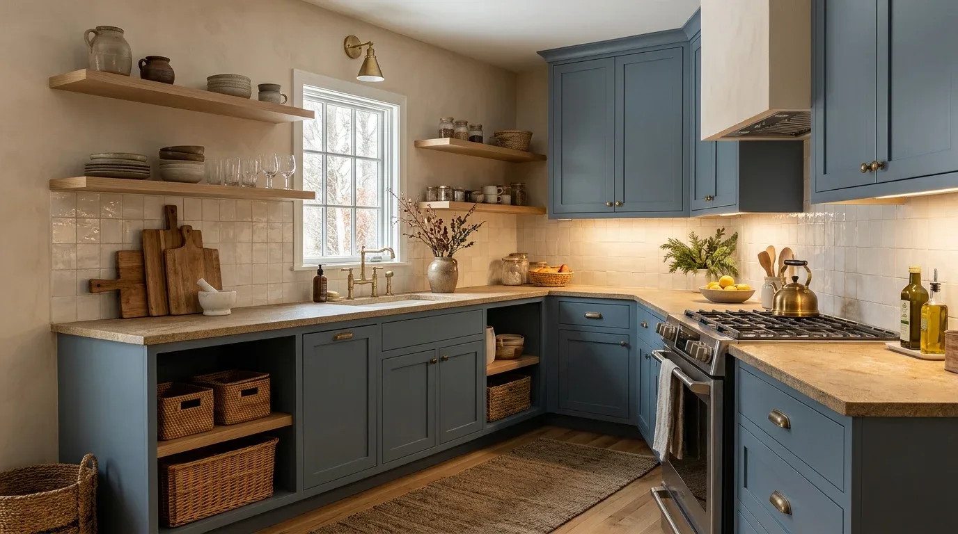 Blue kitchen cabinets accented with brushed brass handles and a coordinating warm-metal faucet.