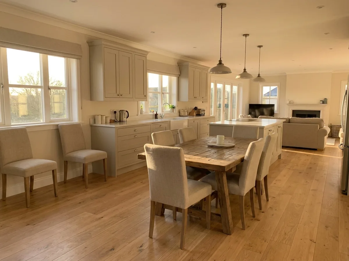 Dramatic open kitchen with charcoal cabinetry, a navy island, pale counters, and warm lighting.