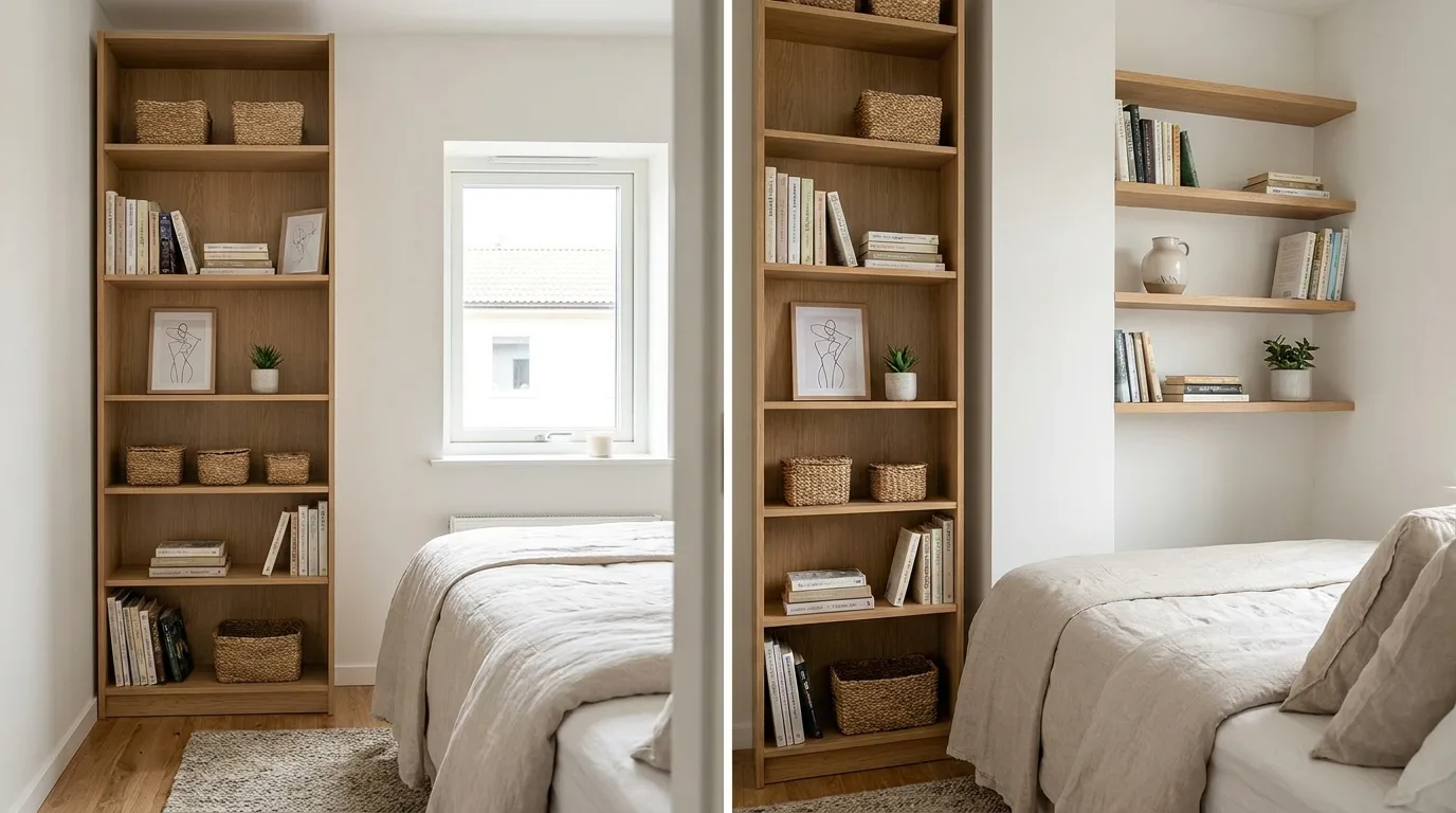 Cozy small bedroom with layered neutral bedding, textured cushions, and a soft knitted throw.