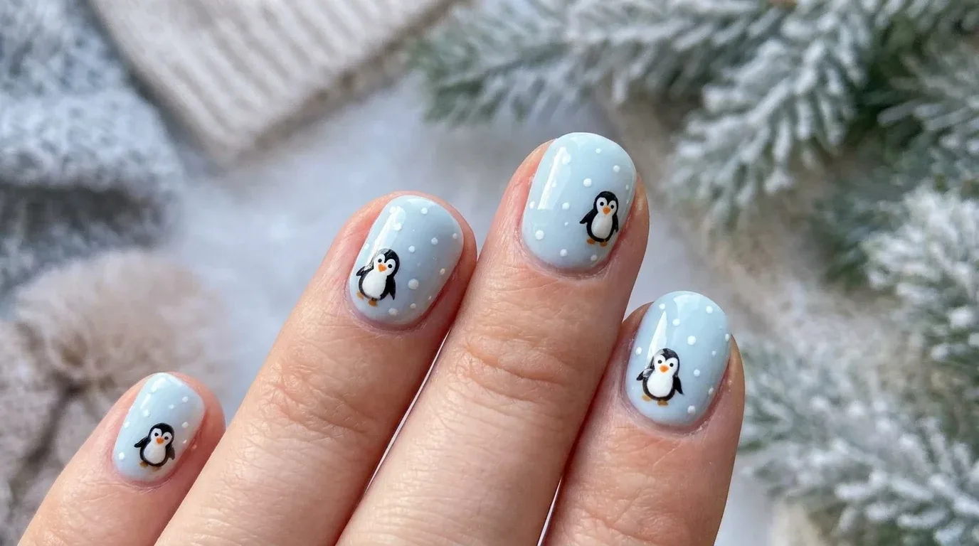 Cute penguin nail art with black and white characters, orange details, and icy blue polish.