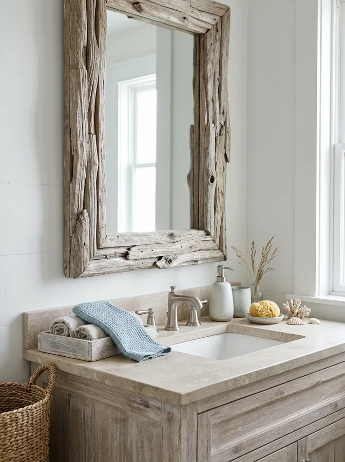 Driftwood-framed bathroom mirror with natural wood accessories and ceramic countertop decor.