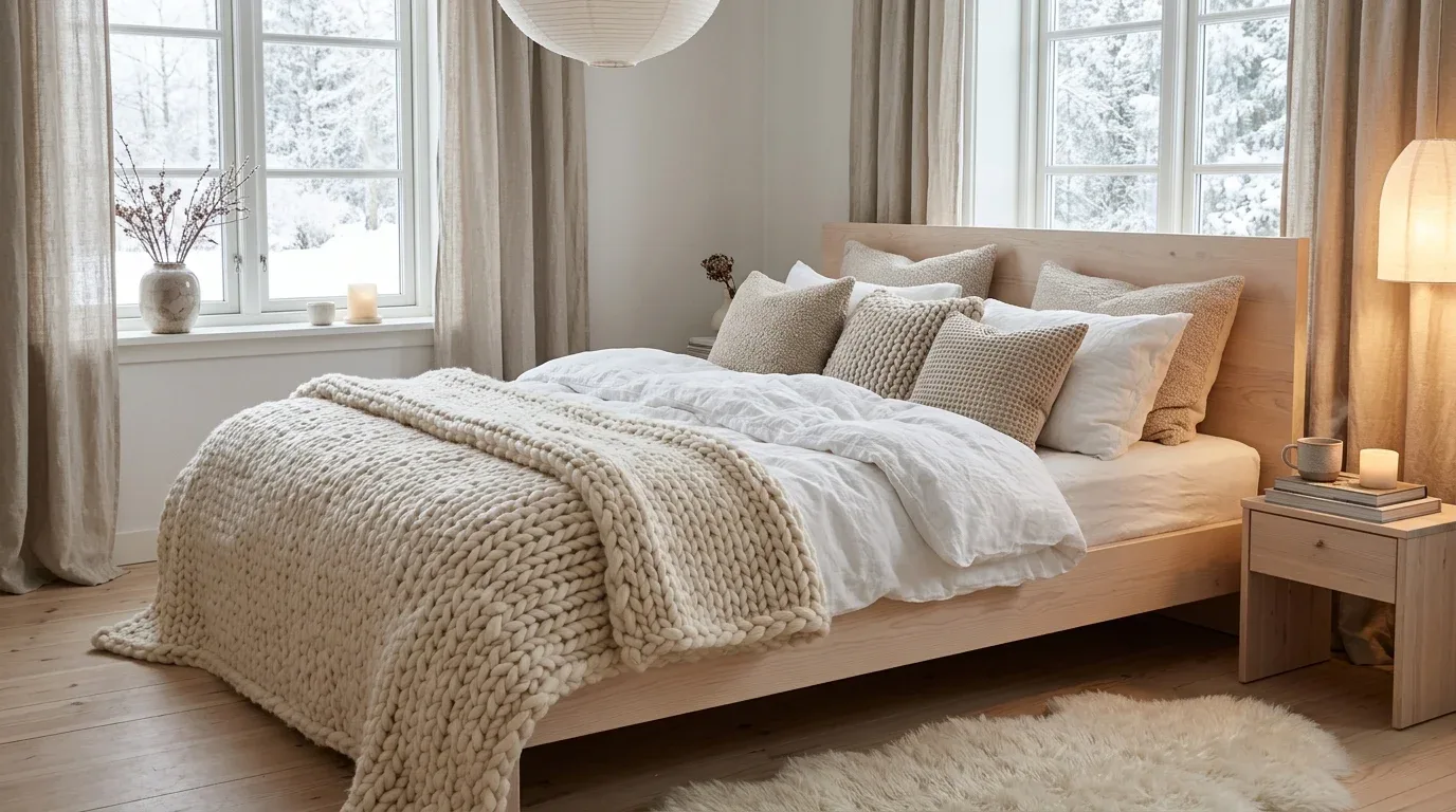 Cozy Nordic bedroom featuring chunky knitted blankets and textured cream cushions.