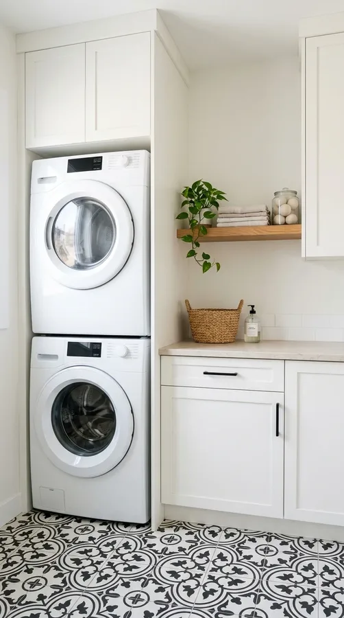 Stacked laundry room featuring eye-catching geometric patterned floor tiles.