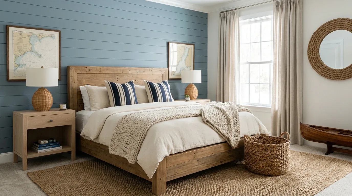 Coastal bedroom with a muted blue paneled accent wall and understated nautical styling.
