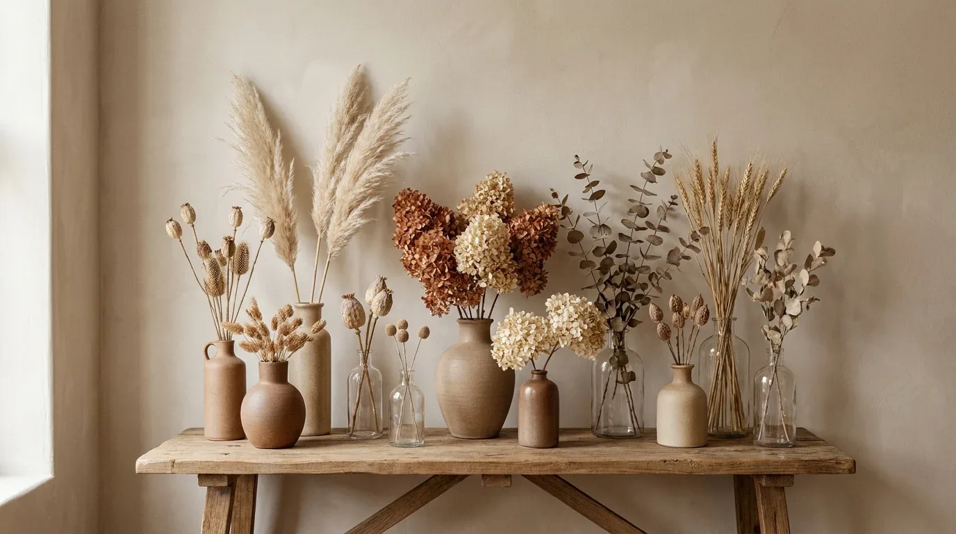 Dried hydrangeas, wheat stalks, pampas grass, and eucalyptus in autumn-toned vases.