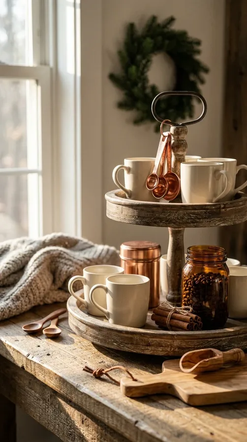 Warm winter coffee tray with copper accessories, cream mugs, and cinnamon sticks.