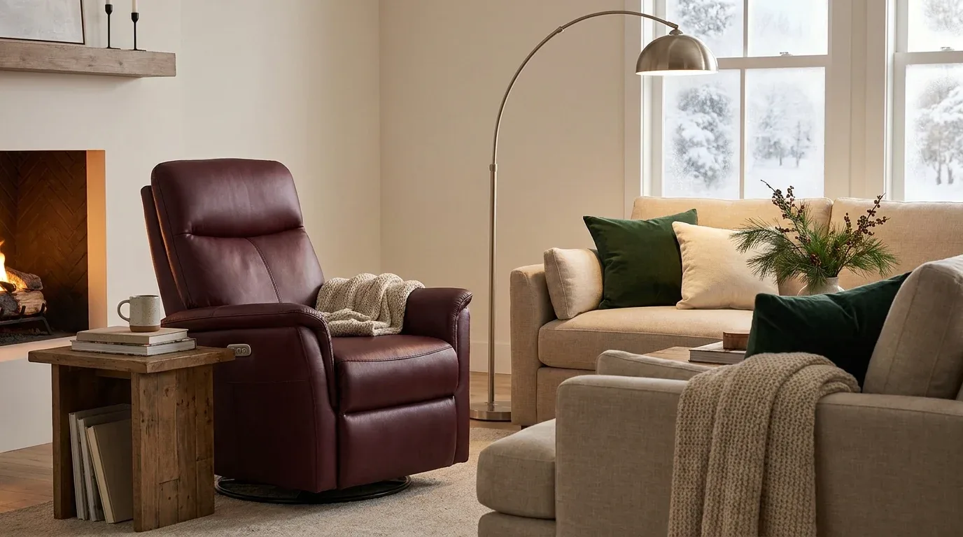 Versatile living room layout featuring a power swivel rocker beside a sofa.