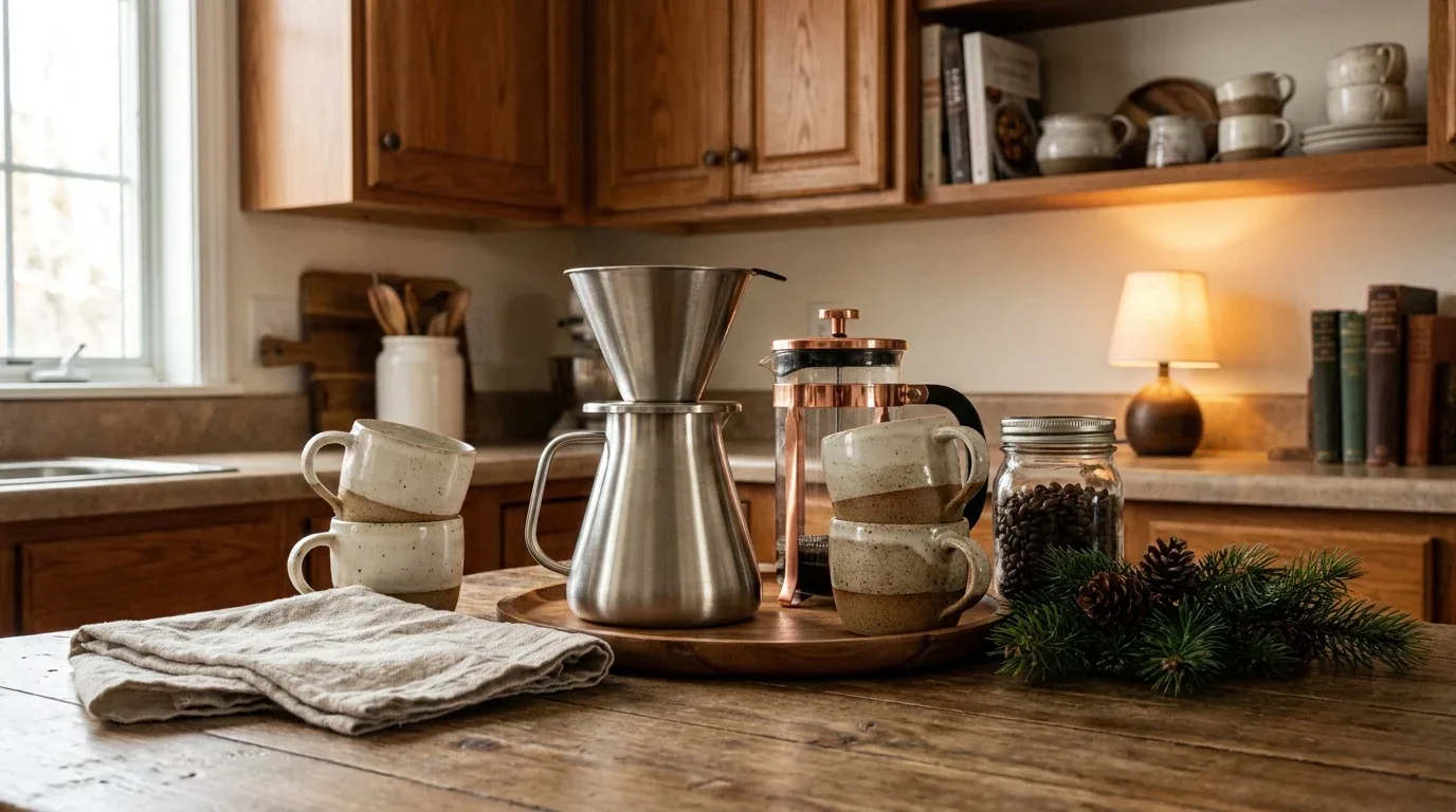 Cozy coffee corner with ceramic mugs, coffee beans and a wooden tray