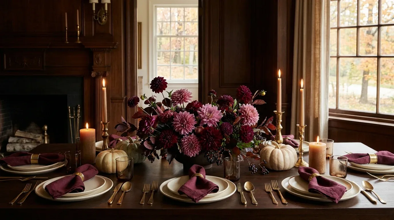 Woodland Thanksgiving tablescape with pinecones, branches, earthy foliage, and natural wood accents.