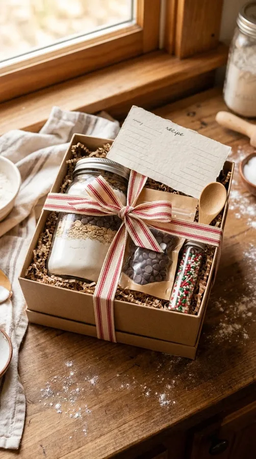 A festive baking gift kit with chocolate chips, sprinkles, a wooden spoon, and cookie ingredients.