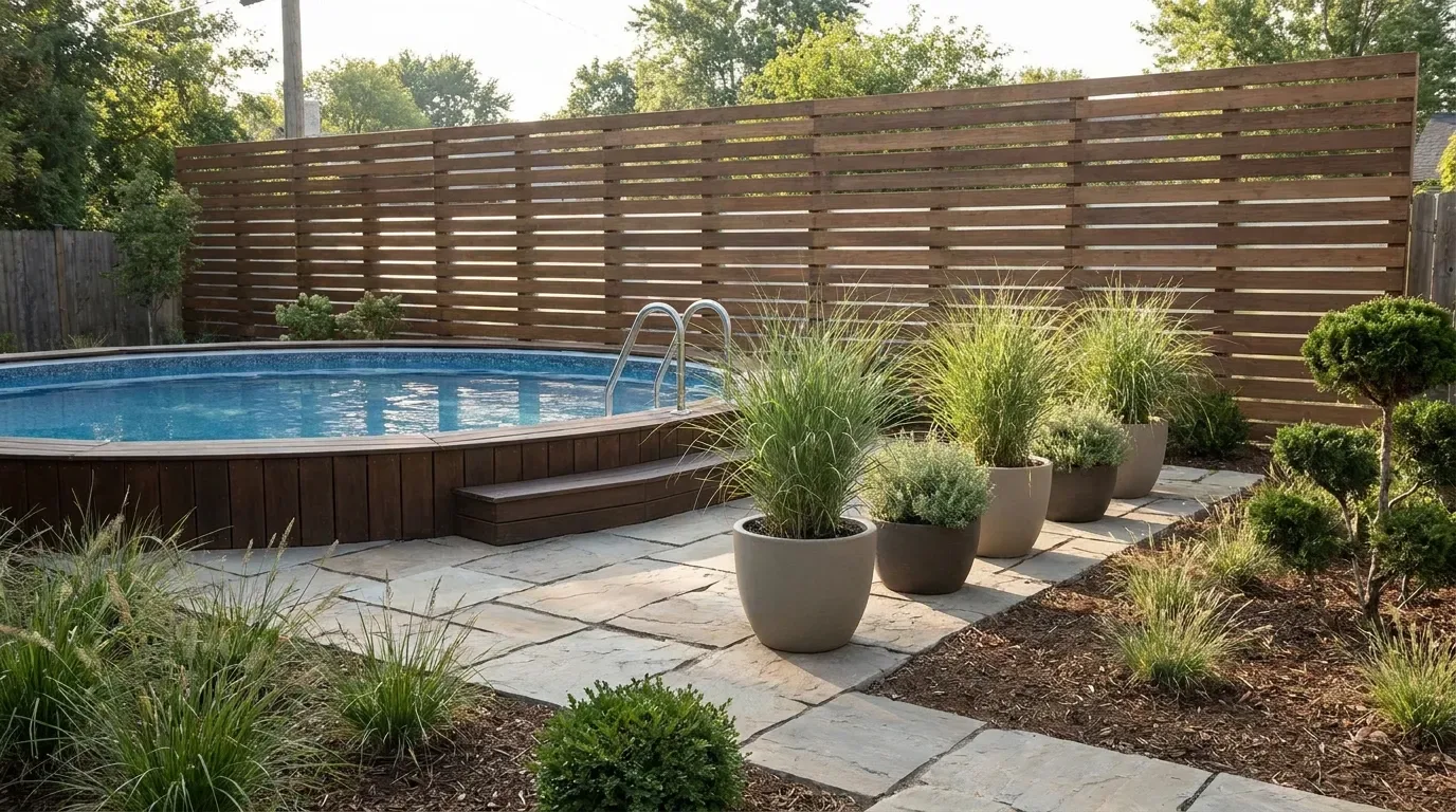 Above-ground pool with a horizontal slatted privacy screen and neat garden planting.