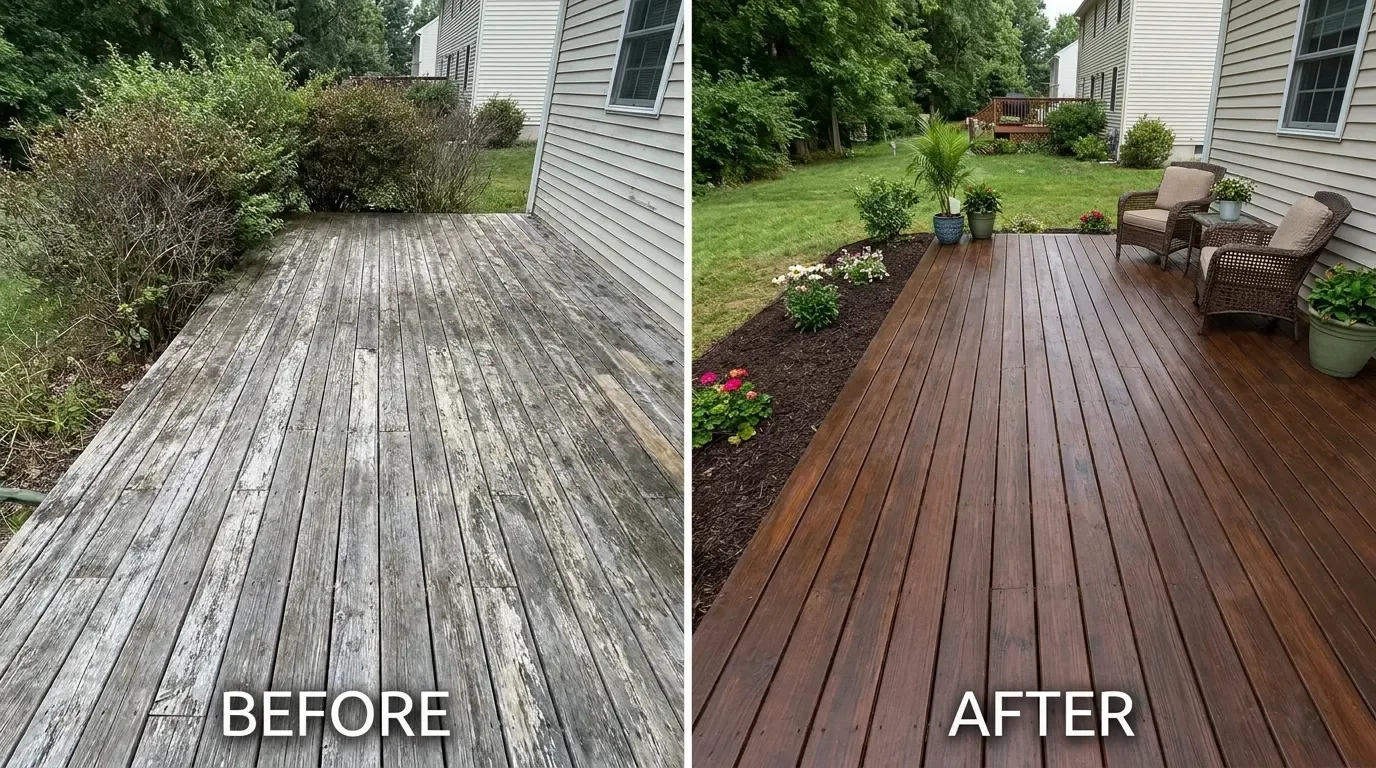 Budget deck surrounded by large container plants and greenery
