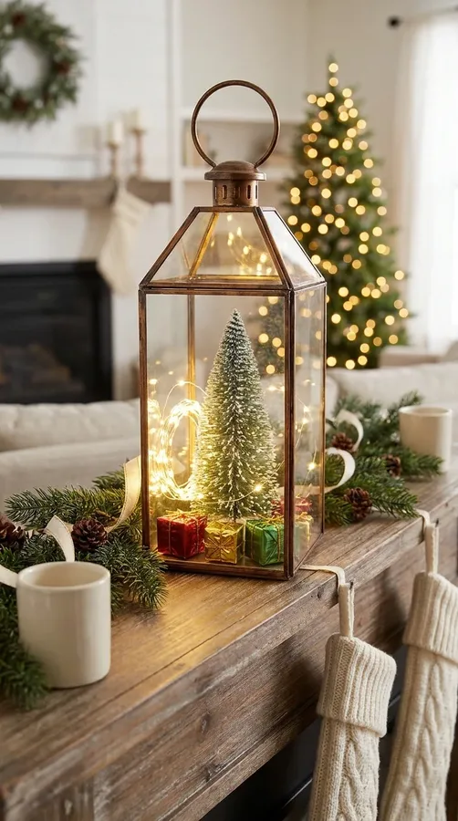 Glass Christmas lantern displaying a miniature evergreen tree and tiny wrapped holiday presents.
