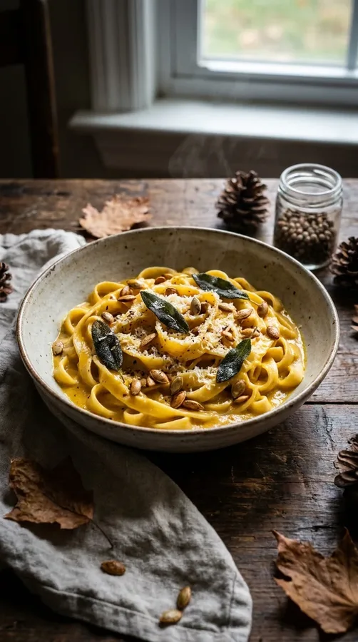 Creamy pumpkin pasta garnished with crispy sage, Parmesan, and toasted pumpkin seeds.